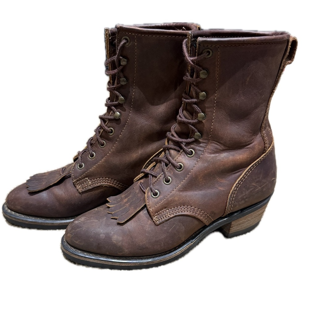 👢🤠 DURANGO Leather Lace-Up Boots Kiltie Fringe Vibram Sole Brown Women’s 10 - Picture 5 of 10